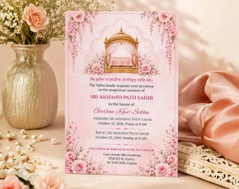 Pink Floral Sri Akhand Path Sahib Invitation Template | Editable Canva Template | Sikh Religious, Gurdwara Ceremony Invite