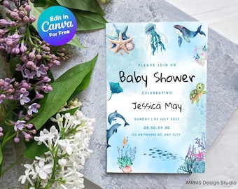 Blue Under The Sea-babyshoweruitnodiging: oceaanthema (bewerkbaar op canvas)