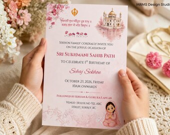 Sukhmani Sahib Path Birthday Invite Template for Girl | Canva Editable | Sikh Religious Invite (Digital Download) | Kid's Birthday Invite