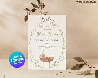 Sjabloon babyshower uitnodiging bloemenwieg (canva bewerkbaar, digitale download)