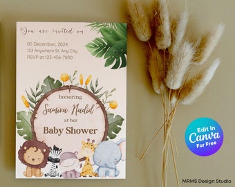 Jungle Theme Baby Shower Invitation: Gender Neutral, Canva Printable (Digital)