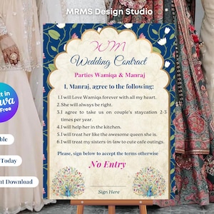 Editable Royal Peacock Wedding Contract | Personalised Wedding Contract Digital Download | Ribbon Ceremony | Doli Sign | Wedding Entry Sign