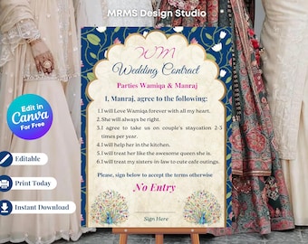 Royal Peacock Wedding Contract Sign: Editable Doli Sign (Digital Download)
