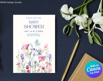 Floral Baby Shower Invitation Template: Minimalist Design (Canva Editable, Digital Download)