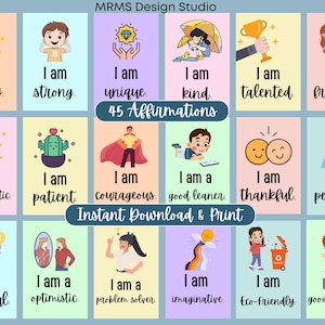 Druckbare Affirmationskarten für Kinder | 45 Affirmationskarten für Kinder | Motivierende Karten, Mentale Gesundheit | Sofort Download