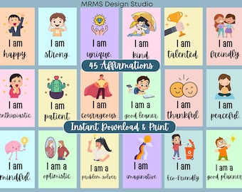 Kids Affirmation Cards: 45 Printable Motivational Cards (Digital Download)
