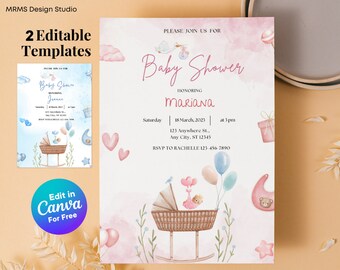 Cradle Bear Baby Shower Invitation: Pink & Blue Canva Template (Digital Download)