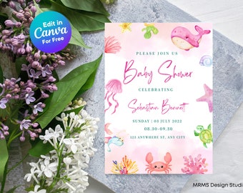 Baby showeruitnodiging Pink Under The Sea: oceaanthema meisje (bewerkbaar op canvas)