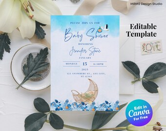 Sjabloon blauwe bloemenooievaar babyshower babyshower (digitaal bewerkbaar canvas)