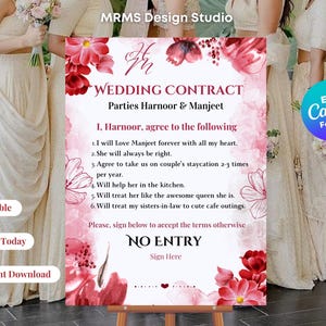 Editable Red Floral Wedding Contract | Personalised Wedding Contract Digital Download | Ribbon Ceremony | Doli Sign | Wedding Entry Sign