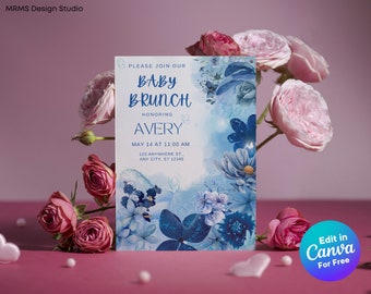 Babybrunchuitnodiging blauwe bloemen: bewerkbaar canvas (digitale download)