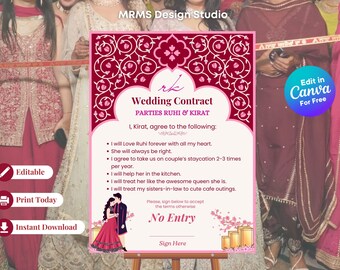 Pink Royal Wedding Contract Sign: Indian Wedding, Team Bride (Digital Template)