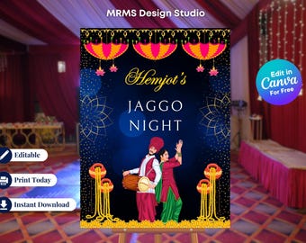 Custom Jaggo Night Welcome Sign: Punjabi Wedding Poster (Edit in Canva)