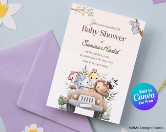 Jungle Safari Baby Shower Invitation: Gender Neutral, Editable Canva Template (Digital)