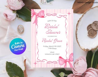 Pink Bow & Ribbon Bridal Shower Invite | Canva Editable Template (Digital Download)