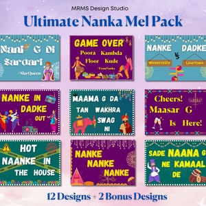 May include: Twelve colorful signs with text in Punjabi, featuring illustrations of people, animals, and objects. The signs are part of a Nanka Mel Pack, a collection of decorations for a Punjabi celebration.
