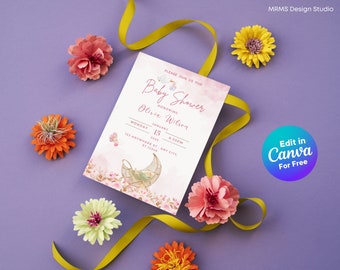 Babyshower met roze bloemen ooievaar: bewerkbare canvassjabloon (digitale download)