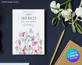 Floral Baby Brunch Invitation Template: Minimalist Design (Canva Editable, Digital Download)
