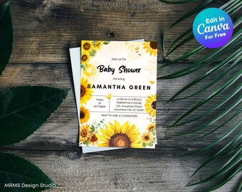 Sunflower Baby Shower Invitation Template: Gender Neutral, Editable Canva (Digital Download)