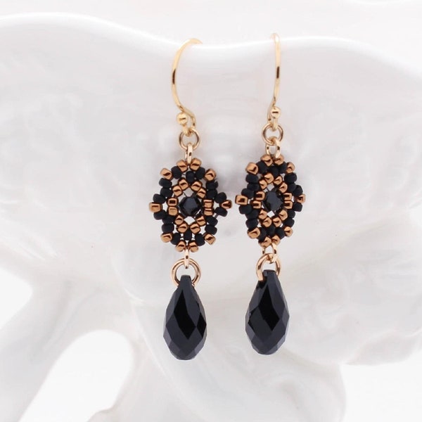 Beadwoven Drop Earrings / Black Swarovski Crystal Briolettes / Gold-Filled Earwires/Noir /Night Out/ Wear With Little Black Dress - - - Luna