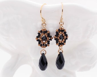 Beadwoven Drop Earrings / Black Swarovski Crystal Briolettes / Gold-Filled Earwires/Noir /Night Out/ Wear With Little Black Dress - - - Luna