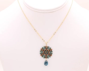 Beadwoven Single Mandala Necklace / London Blue Topaz Briolette / Gold-Filled Chain / Luminous Blue / Earthy Brown / Ivory Luster- - - Maren