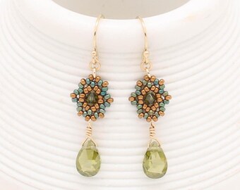 Bead Woven / Olivine Cubic Zirconia / Gold-Filled Ear Wires /  Gold Accents / Mossy Forest / Earthy - - - Brietta