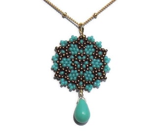 Beadwoven Single Mandala Necklace / Aqua Czech Glass Teardrop / Gold-Filled Chain/ / Delicate/ Unique/ Feminine/ Holiday Gift  - - - Ynes