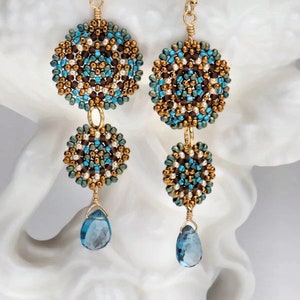 Beadwoven Double Mandala Earrings/London Blue Topaz Drops/Gold-Filled Earwires/Intricate Geometry/Temari Design/Lightweight Maren image 1