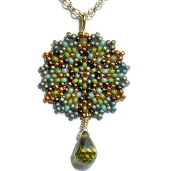 Beadwoven Single Mandala Necklace / Olivine Cubic Zirconia Briolette / Gold-Filled Chain / Gold Accents / Mossy Forest - - - Brietta