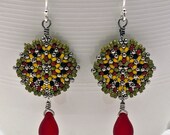 Beadwoven Single Mandala Earrings Red Czech Glass Teardrops Oxidized Sterling Silver Earwires Festive Vivid Colorful - - - Cerise
