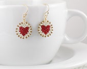 Beadwoven Heart Mandala Earrings ( cherry red ivory ) - - - gold-filled earrings Romantic Petite Lightweight Popular Sweet