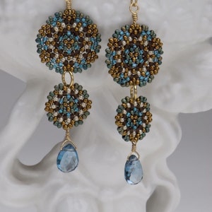 Beadwoven Double Mandala Earrings/London Blue Topaz Drops/Gold-Filled Earwires/Intricate Geometry/Temari Design/Lightweight Maren image 2