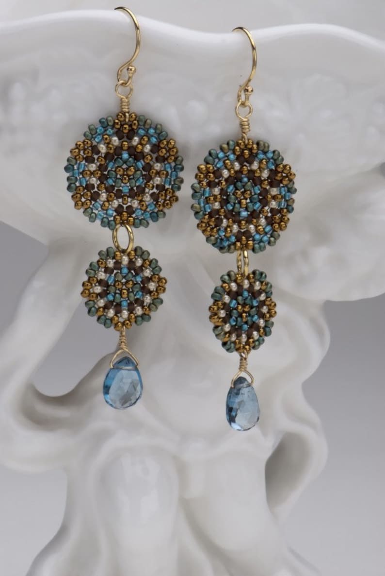 Beadwoven Double Mandala Earrings/London Blue Topaz Drops/Gold-Filled Earwires/Intricate Geometry/Temari Design/Lightweight Maren image 2