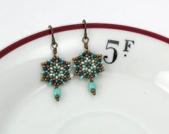 Beaded Mini Mandala Earrings / Soft Turquoise Blue Cubes  /Hypoallergenic Niobium Earwires / Tiny Geometry /  Petite- - - Kiri