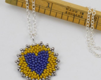 Beadwoven Heart Mandala Necklace ( navy blue / mustard yellow ) - - - Sterling Silver Chain/ Modern/ Contemporary/ Colorful/ Vibrant
