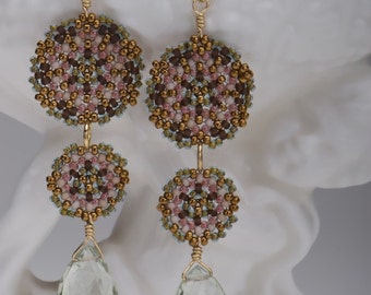 Beadwoven Double Mandala Earrings / Prasiolite Briolettes / Gold-Filled Earwires / Pale Green/ Spring Colors/ Delicate Pink- - - Elina