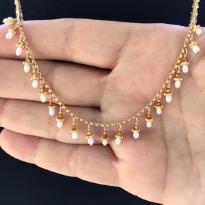 Dancing Pearl Necklace / Natural White Seed Pearls / Coppery Swarovski Crystals / Gold-Filled Chain / Artisan / Delicate Quella image 3