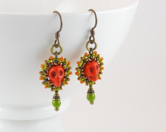 Beaded Small Calavera Earrings/Orange Skulls/Chartreuse Czech Beads/Niobium/Hypoallergenic/Pumpkin/Bronze/Aubergine/Lime/Autumn - - Ines