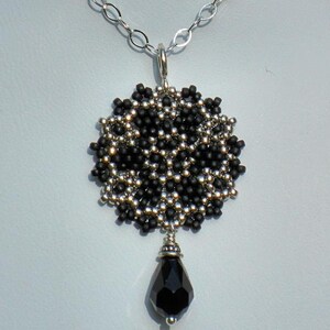 Beadwoven Single Mandala Necklace / Jet Black Swarovski Crystal Briolette / Sterling Silver Chain / Intricate / Delicate Giane image 2