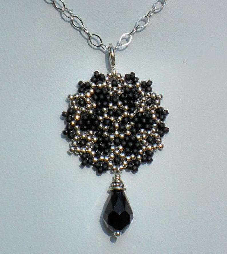 Beadwoven Single Mandala Necklace / Jet Black Swarovski Crystal Briolette / Sterling Silver Chain / Intricate / Delicate Giane image 2