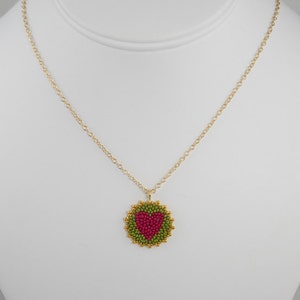 Beadwoven Heart Mandala Necklace berry pink / olive green gold-filled chain / Joyful / Token of Love / Wedding Party Gift / image 5