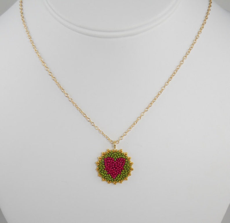 Beadwoven Heart Mandala Necklace berry pink / olive green gold-filled chain / Joyful / Token of Love / Wedding Party Gift / image 5