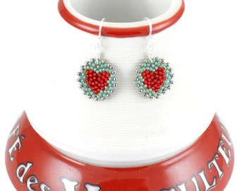 Beadwoven Heart Mandala Earrings ( red / seafoam green ) / Happy Colors / Gift for Her - - - sterling silver earrings