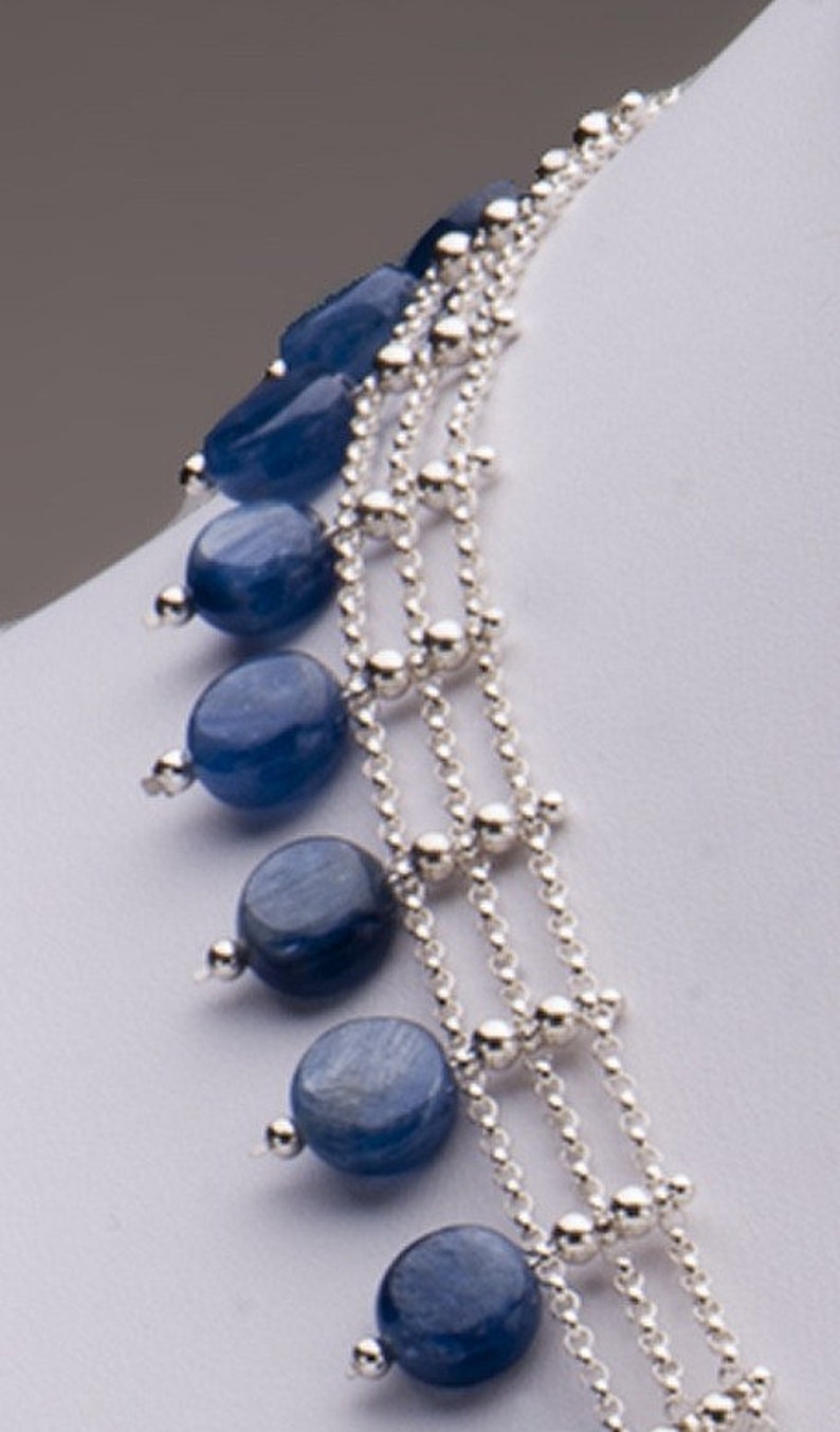 Three-Strand Necklace / Kyanite Gemstone Coin Beads / Sterling Silver / Cornflower Blue / Elegant Collar Necklace Ariene image 3