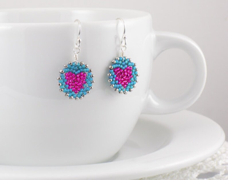 Beadwoven Heart Mandala Earrings pink / teal sterling silver earrings / Petite/ Colorful Accent/ Sweet/ Holiday Gift for Her image 1