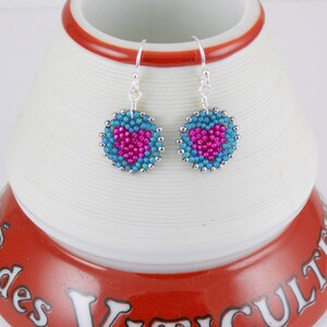 Beadwoven Heart Mandala Earrings pink / teal sterling silver earrings / Petite/ Colorful Accent/ Sweet/ Holiday Gift for Her image 3