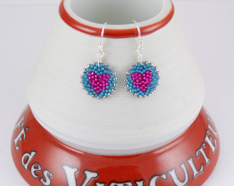 Beadwoven Heart Mandala Earrings pink / teal sterling silver earrings / Petite/ Colorful Accent/ Sweet/ Holiday Gift for Her image 3