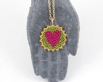 Beadwoven Heart Mandala Necklace ( berry pink / olive green ) - - - gold-filled chain / Joyful / Token of Love / Wedding Party Gift /