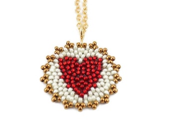 Beaded Heart Mandala Necklace ( cherry red / ivory ) - - - gold-filled chain/ Unique/ Sweet/ Holiday Gift for Mother, Daughter, Girlfriend